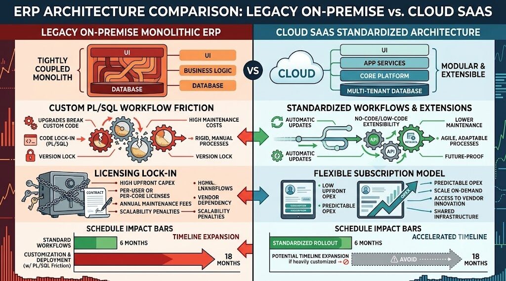 Legacy On-Premise Monolithic ERP architecture versus Cloud SaaS Standardized Architecture