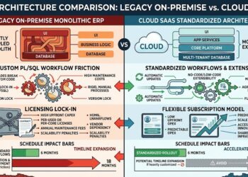 Legacy On-Premise Monolithic ERP architecture versus Cloud SaaS Standardized Architecture