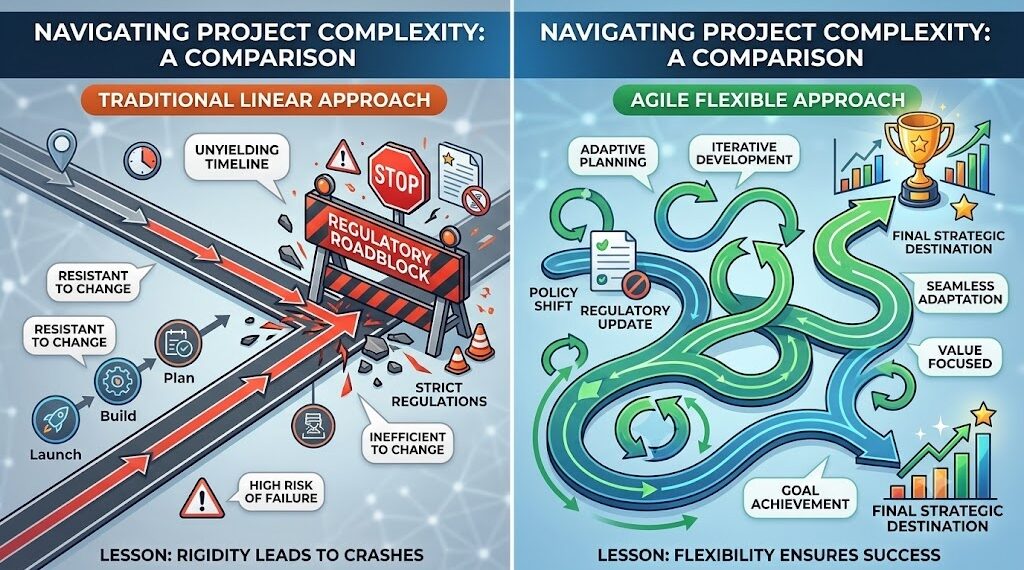 Traditional linear approach vs Agile flexible approach