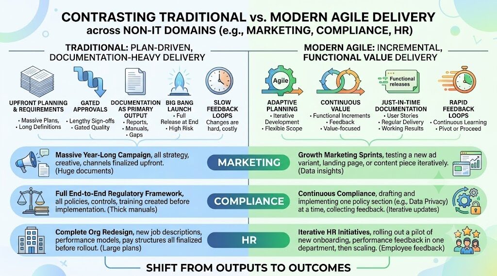 contrasting traditional documentation-heavy delivery Vs Agile functional increment delivery