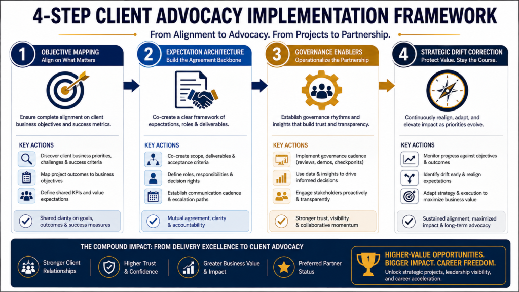Traditional Project Delivery,Advocate-Led Strategic Delivery Focuses on tactical task completion.,Focuses on client business outcome realization. Views client changes as scope disruptions.,Adapts project strategy to shifting commercial priorities. Escalates operational issues late due to friction.,"Collaborates on transparent, shared risk mitigation." Confined entirely to the tactical delivery layer.,Connects delivery teams directly to executive strategy.