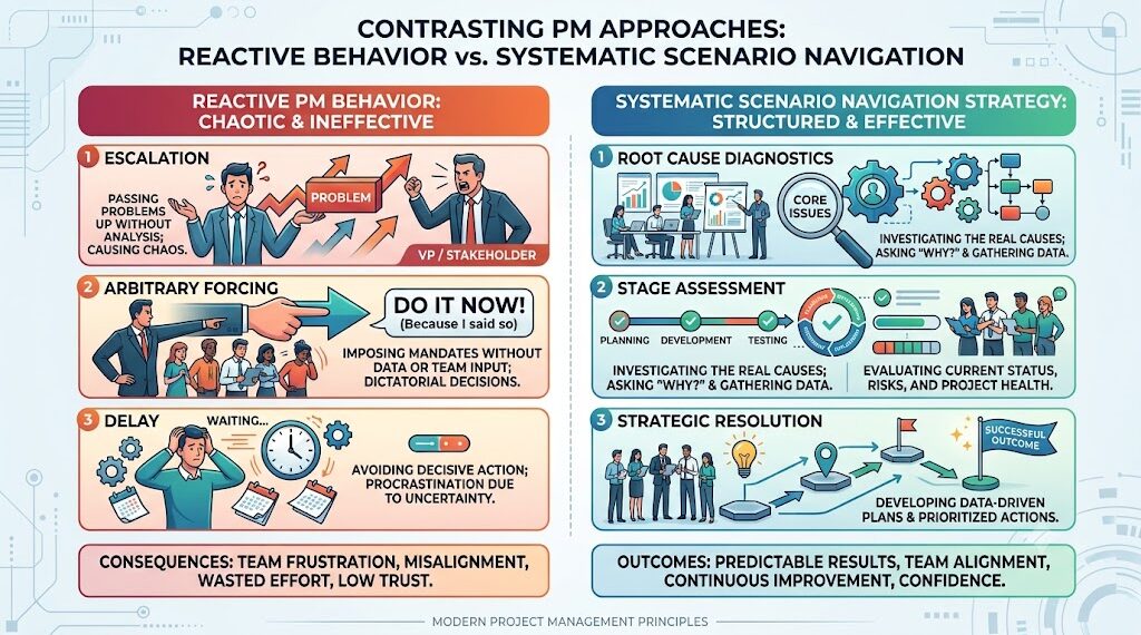 Reactive PM Behavior vs Systematic Scenario Navigation Strategy