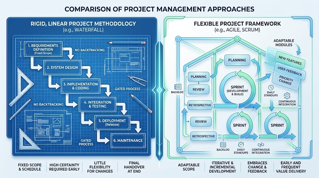 Rigid, linear project methodology Vs flexible project framework