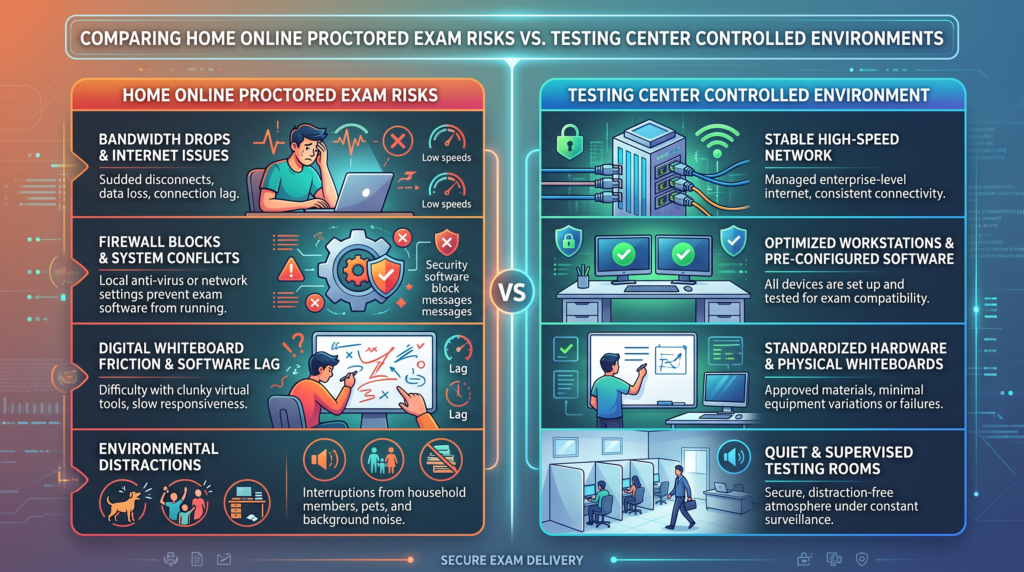 comparing home online proctored exam risks