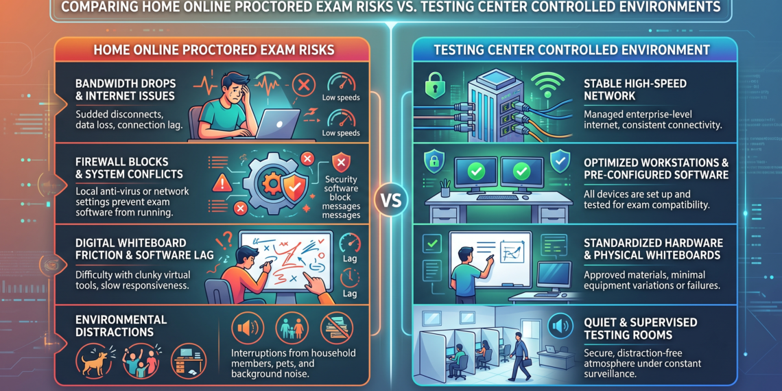 comparing home online proctored exam risks