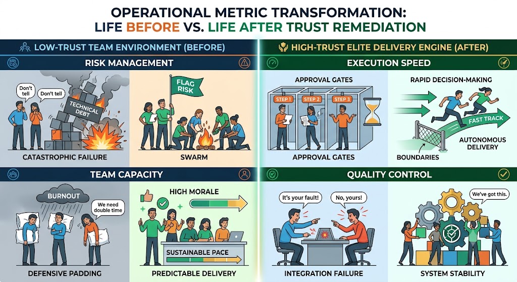 Life Before vs. Life After Trust RemediationOperational MetricLow-Trust Team EnvironmentHigh-Trust Elite Delivery EngineRisk ManagementTeam hides technical debt until catastrophic failureRisks flagged early; swarming happens immediatelyExecution SpeedParalysis by analysis; endless approval gatesRapid, autonomous decision-making within boundariesTeam CapacityBurnout, defensive padding of estimatesSustainable pace, predictable delivery, high moraleQuality ControlFinger-pointing during integration failuresCollective ownership of system stability