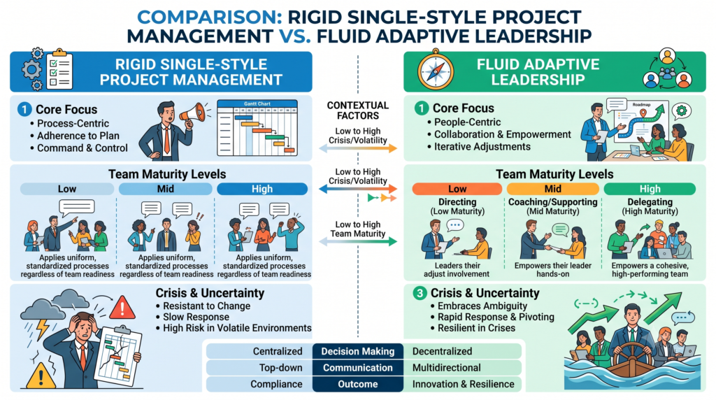 rigid single-style project management versus fluid adaptive leadership