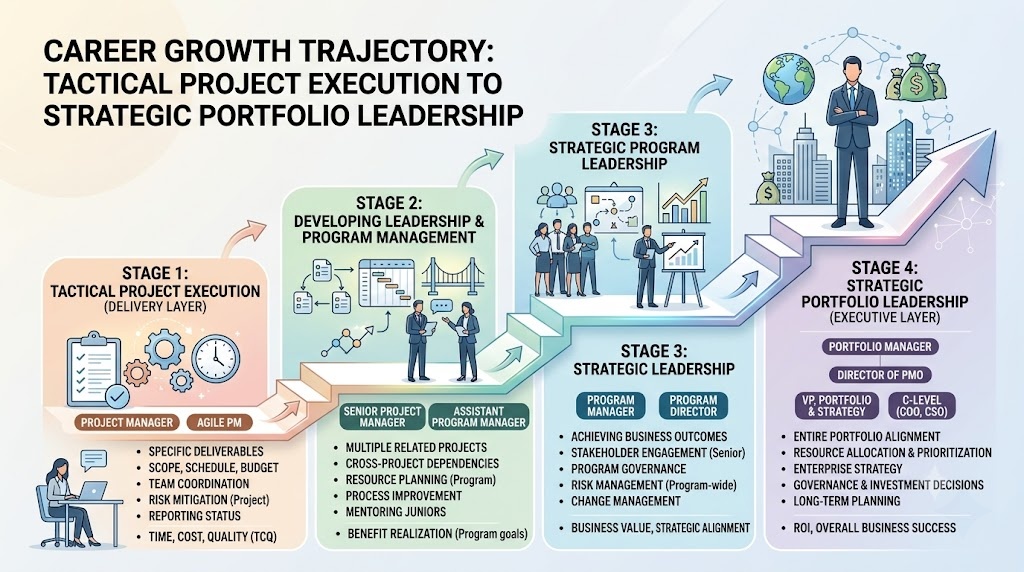 a career growth trajectory diagram showing the elevation from Tactical Project Execution (Delivery Layer) to Strategic Portfolio Leadership