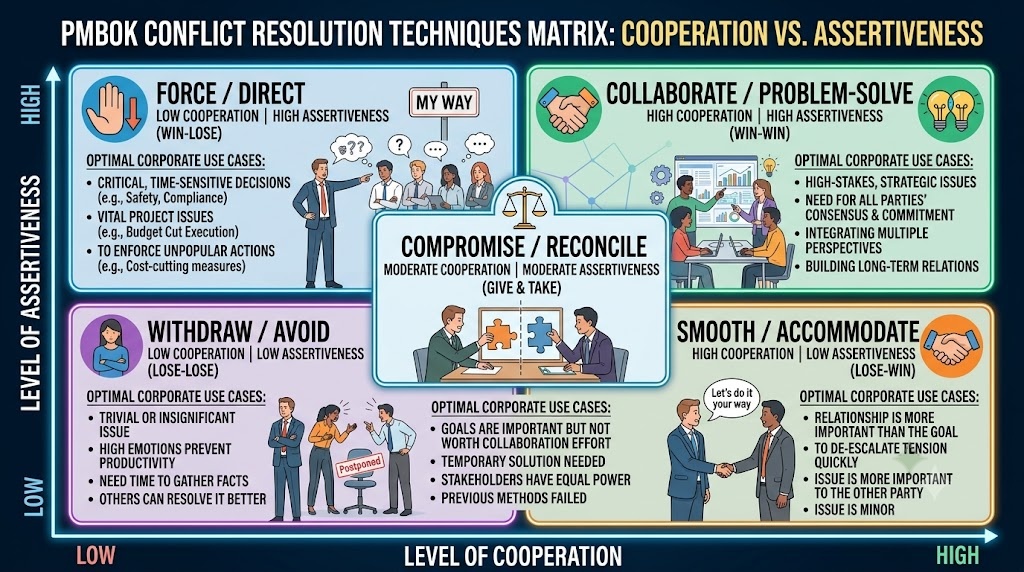 5 PMBOK conflict resolution techniques based on two axes: Level of Cooperation vs Level of Assertiveness