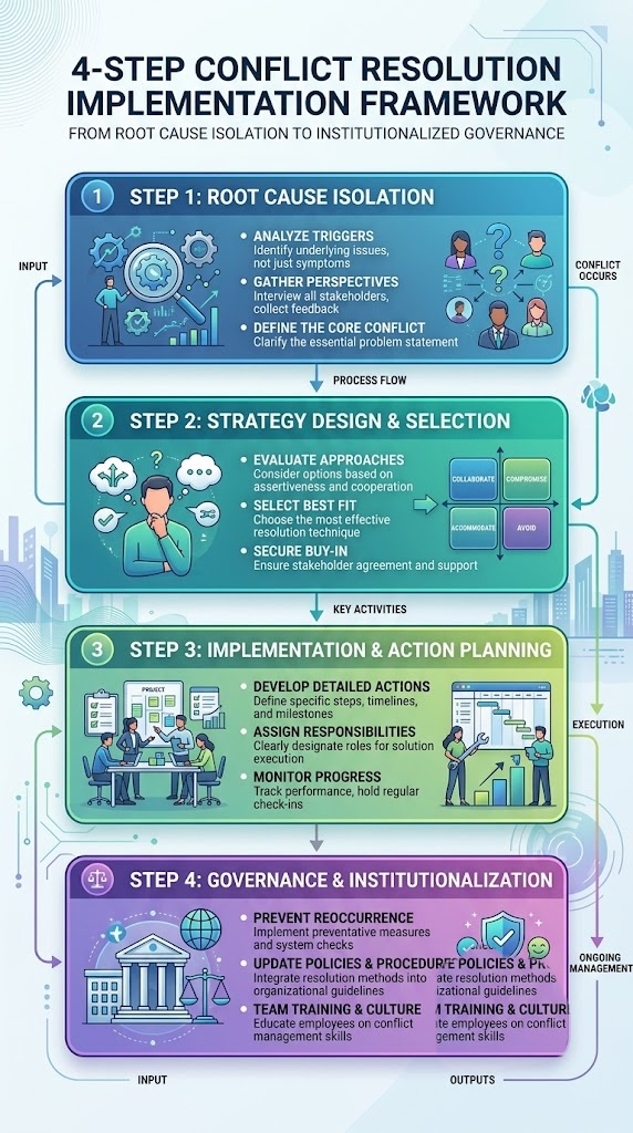 4-step conflict resolution implementation framework from Root Cause Isolation to Governance Institutionalization.]