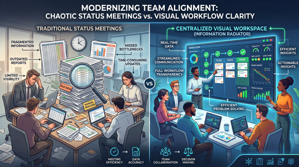 Chaotic Status Meetings VS. Visual Workflow Clarity