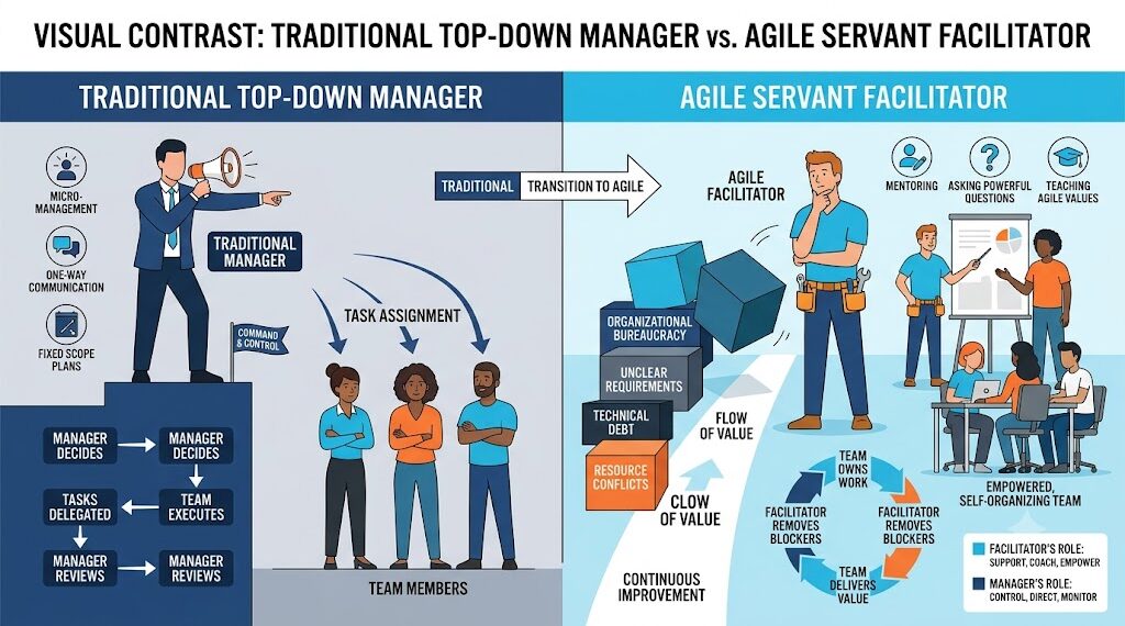Traditional Top-Down Manager Vs Agile Servant Facilitator