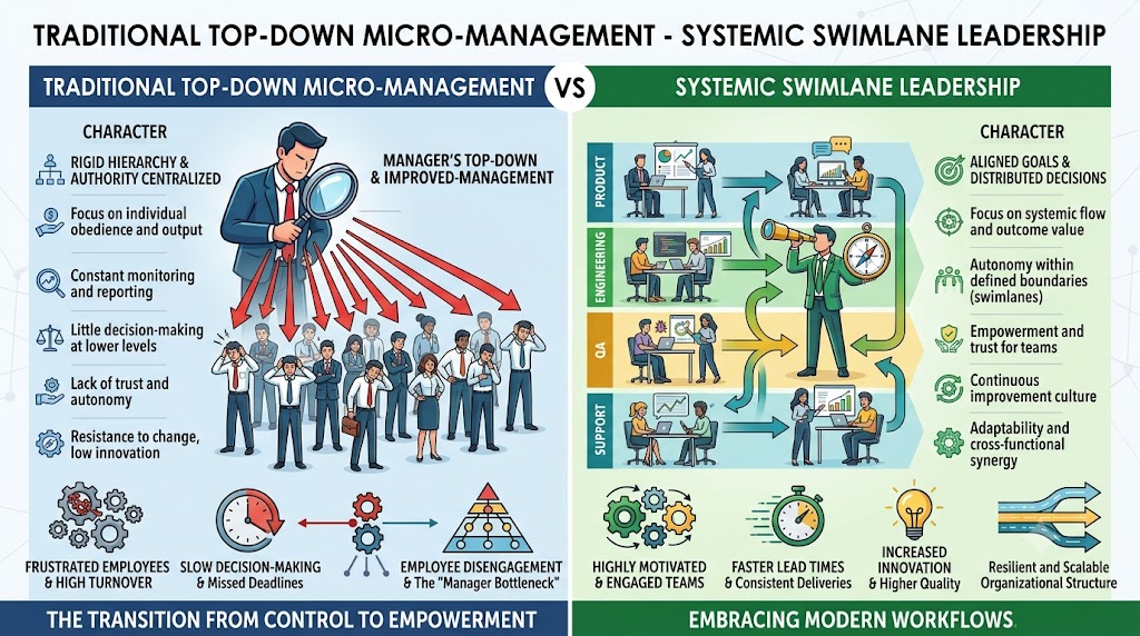 Traditional Top-Down Micro-management Vs Systemic Swimlane Leadership