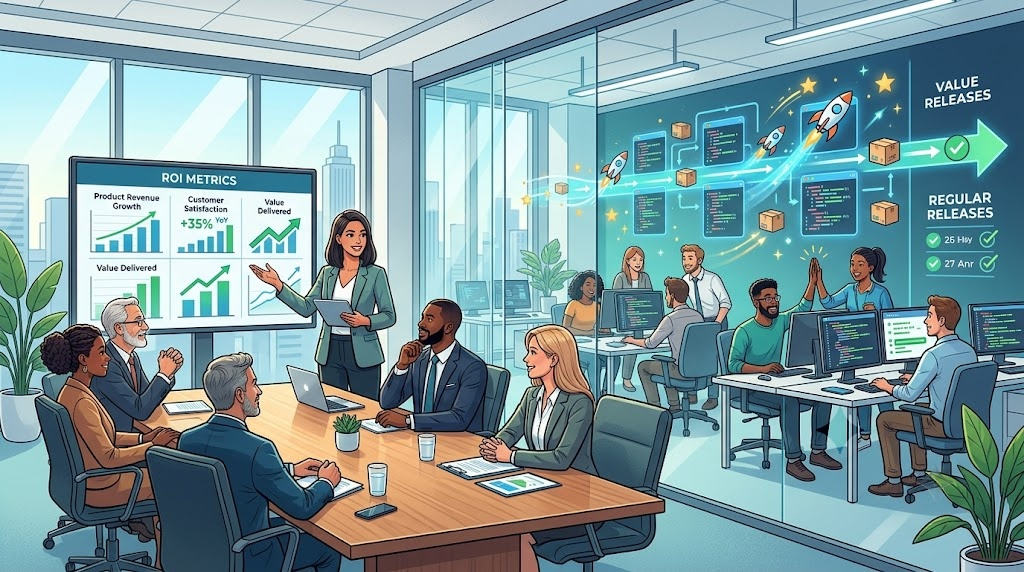 a confident Product Owner presenting clear ROI metrics