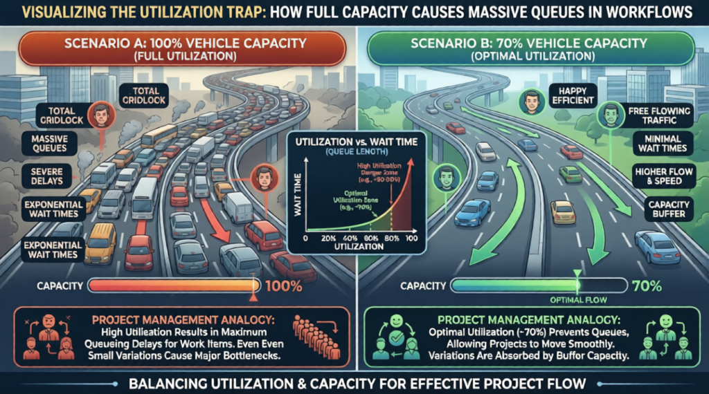 how full utilization causes massive queueing delays in project management workflows.