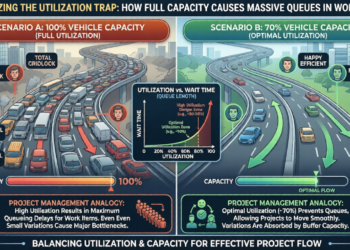 how full utilization causes massive queueing delays in project management workflows.