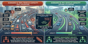 how full utilization causes massive queueing delays in project management workflows.