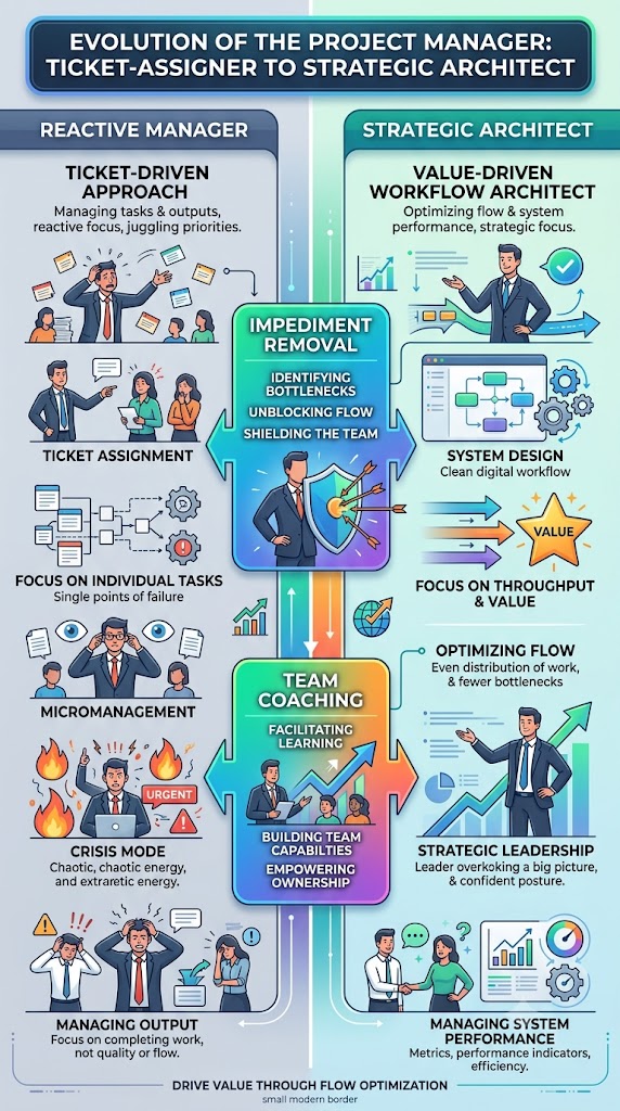 project manager evolving from a reactive ticket-assigning manager into a strategic workflow architect