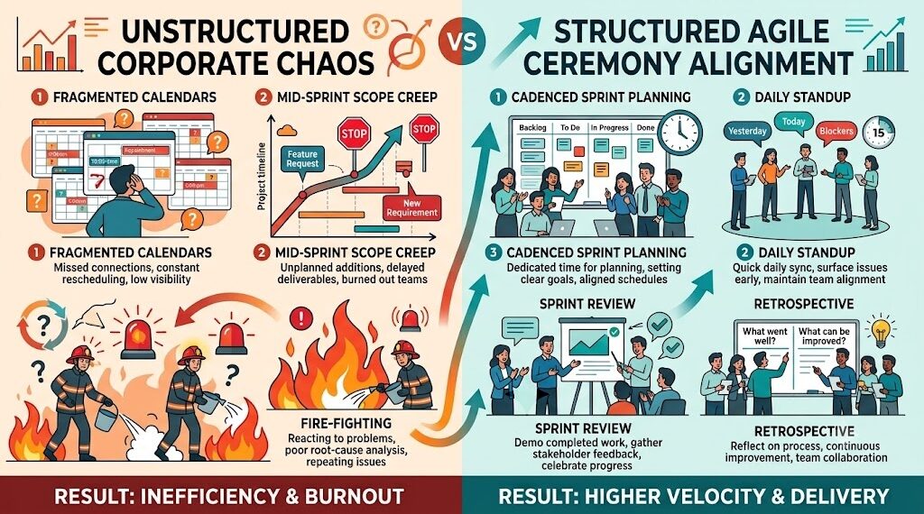 unstructured corporate chaos Vs structured Agile Ceremony alignment